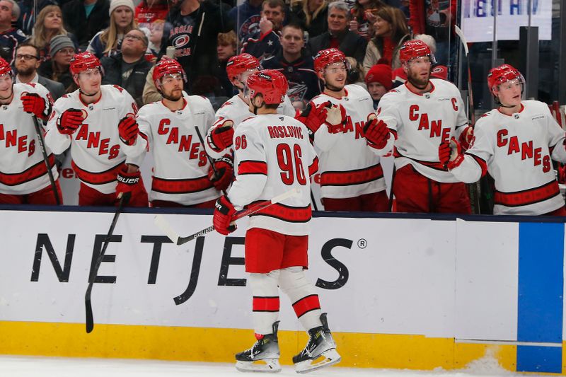 Dec 31, 2024; Columbus, Ohio, USA; Carolina Hurricanes center Jack Roslovic (96) celebrates his goal against the Columbus Blue Jackets during the second period at Nationwide Arena. Mandatory Credit: Russell LaBounty-Imagn Images