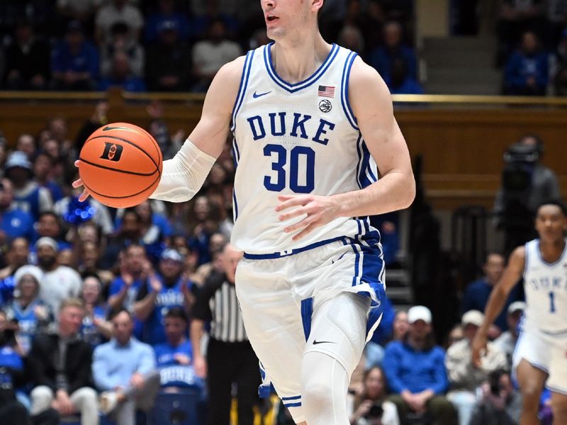 Dec 12, 2023; Durham, North Carolina, USA; Duke Blue Devils center Kyle Filipowski (30) controls the ball during the second half against the Hofstra Bison at Cameron Indoor Stadium. The Blue Devils won 89-68. Mandatory Credit: Rob Kinnan-USA TODAY Sports