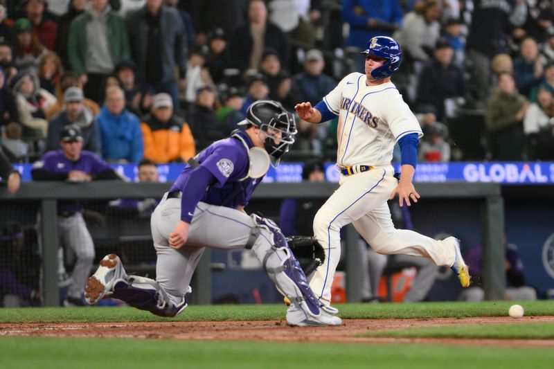 Apr 16, 2023; Seattle, Washington, USA; Seattle Mariners first baseman Ty France (23) scores a run off an RBI single hit by Seattle Mariners right fielder Jarred Kelenic (10) (not pictured) during the sixth inning at T-Mobile Park. Mandatory Credit: Steven Bisig-USA TODAY Sports