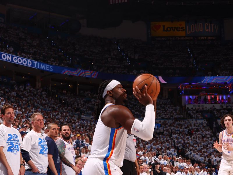 OKLAHOMA CITY, OK - APRIL 21:  Luguentz Dort #5 of the Oklahoma City Thunder shoots a 3-point basket during the game  against the New Orleans Pelicans during Round 1 Game 1 of the 2024 NBA Playoffs on April 21, 2024 at Paycom Arena in Oklahoma City, Oklahoma. NOTE TO USER: User expressly acknowledges and agrees that, by downloading and or using this photograph, User is consenting to the terms and conditions of the Getty Images License Agreement. Mandatory Copyright Notice: Copyright 2024 NBAE (Photo by Zach Beeker/NBAE via Getty Images)