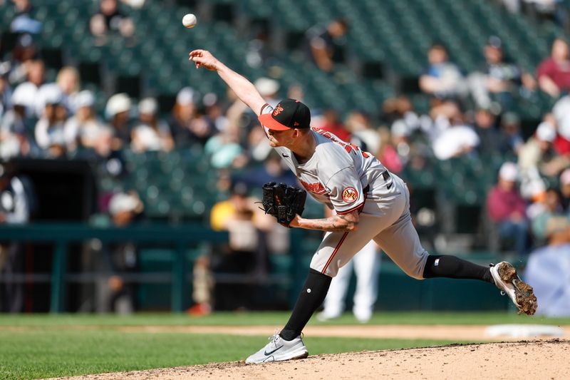 May 26, 2024; Chicago, Illinois, USA; Baltimore Orioles starting pitcher Kyle Bradish (38) delivers a pitch against the Chicago White Sox during the seventh inning at Guaranteed Rate Field. Mandatory Credit: Kamil Krzaczynski-USA TODAY Sports