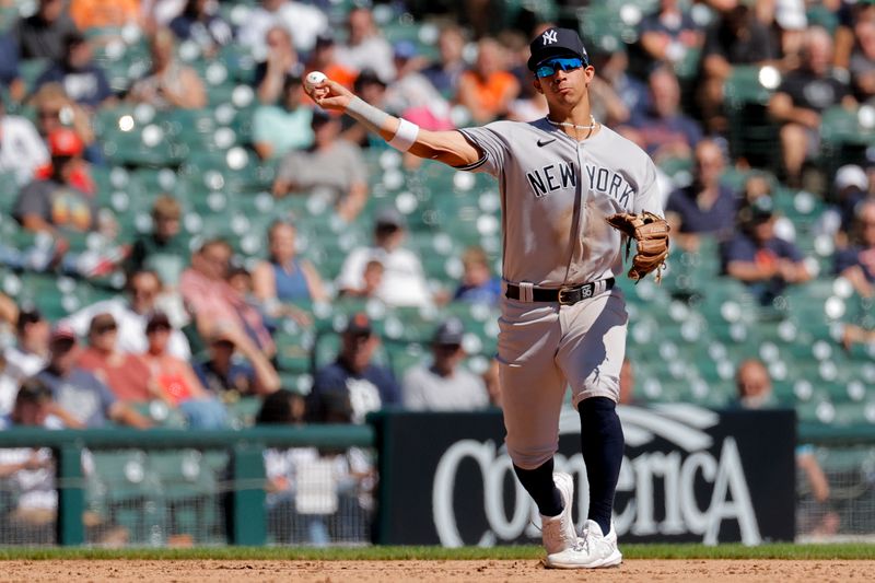 Aug 31, 2023; Detroit, Michigan, USA; New York Yankees third baseman Oswaldo Cabrera (95) makes a throw in the sixth inning against the Detroit Tigersat Comerica Park. Mandatory Credit: Rick Osentoski-USA TODAY Sports