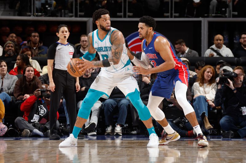 DETROIT, MI - JANUARY 03:  Miles Bridges #0 of the Charlotte Hornets handles the ball during the game against the Detroit Pistons on January 03, 2025 at Little Caesars Arena in Detroit, Michigan. NOTE TO USER: User expressly acknowledges and agrees that, by downloading and/or using this photograph, User is consenting to the terms and conditions of the Getty Images License Agreement. Mandatory Copyright Notice: Copyright 2025 NBAE (Photo by Brian Sevald/NBAE via Getty Images)