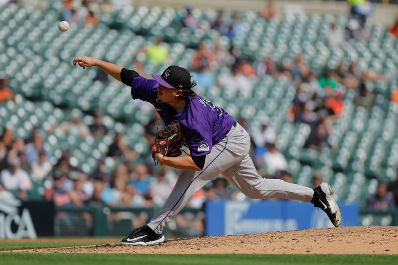 Sep 12, 2024; Detroit, Michigan, USA;  Colorado Rockies pitcher Victor Vodnik (38) pitches in the seventh inning against the Detroit Tigers at Comerica Park. Mandatory Credit: Rick Osentoski-Imagn Images