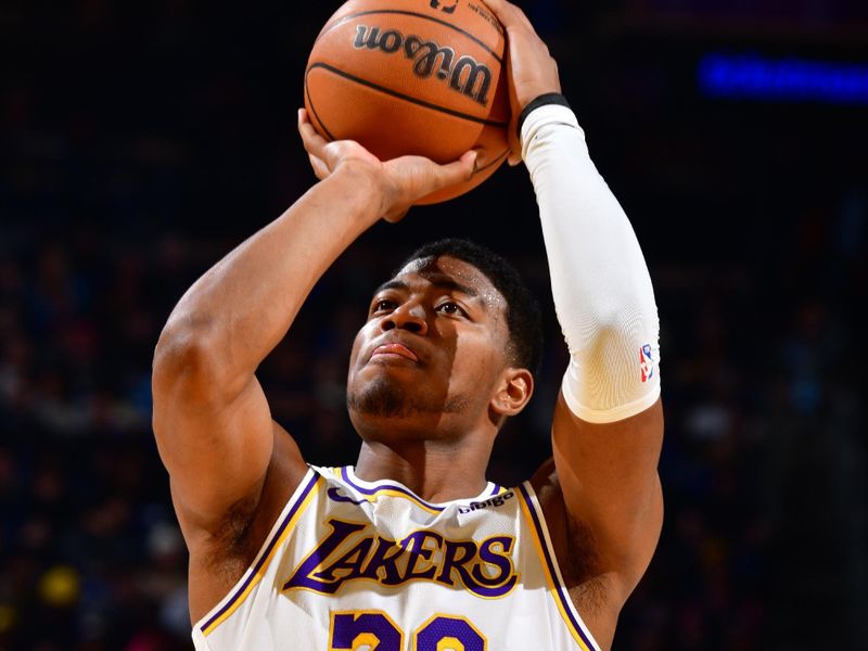 SAN FRANCISCO, CA - JANUARY 27:  Rui Hachimura #28 of the Los Angeles Lakers shoots a free throw during the game against the Golden State Warriors on January 27, 2024 at Chase Center in San Francisco, California. NOTE TO USER: User expressly acknowledges and agrees that, by downloading and or using this photograph, user is consenting to the terms and conditions of Getty Images License Agreement. Mandatory Copyright Notice: Copyright 2024 NBAE (Photo by Barry Gossage/NBAE via Getty Images)