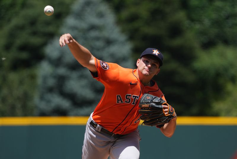 Jul 19, 2023; Denver, Colorado, USA; Houston Astros starting pitcher Brandon Bielak (64) delivers a pitch in the first inning against the Colorado Rockies at Coors Field. Mandatory Credit: Ron Chenoy-USA TODAY Sports