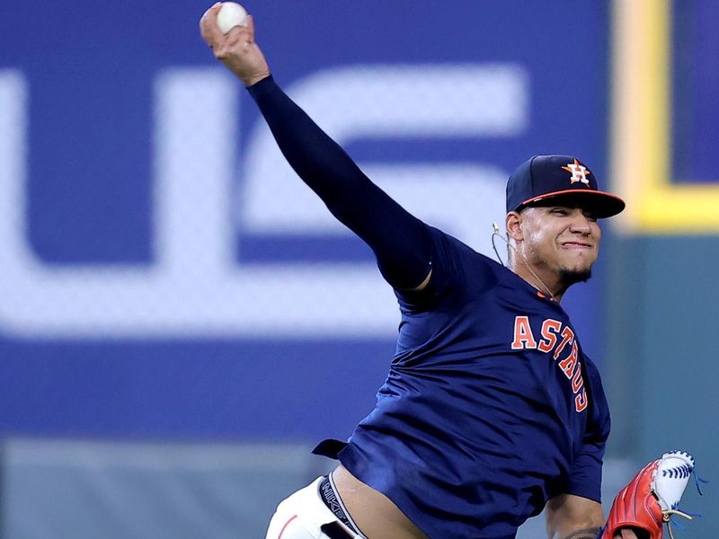 Sep 20, 2023; Houston, Texas, USA; Houston Astros relief pitcher Bryan Abreu (52) warms up before a game against the Baltimore Orioles at Minute Maid Park. Mandatory Credit: Erik Williams-USA TODAY Sports