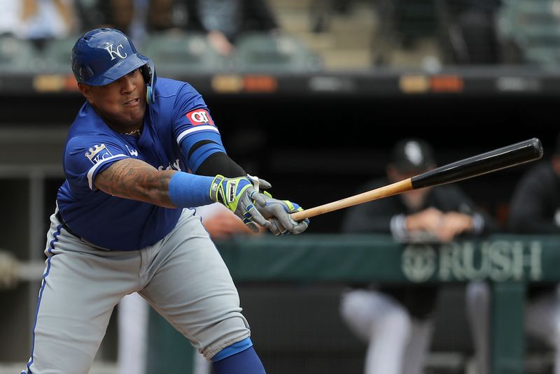 Apr 17, 2024; Chicago, Illinois, USA; Kansas City Royals catcher Salvador Perez (13) strikes out swinging in the second inning during game one of a double header against the Chicago White Sox at Guaranteed Rate Field. Mandatory Credit: Melissa Tamez-USA TODAY Sports