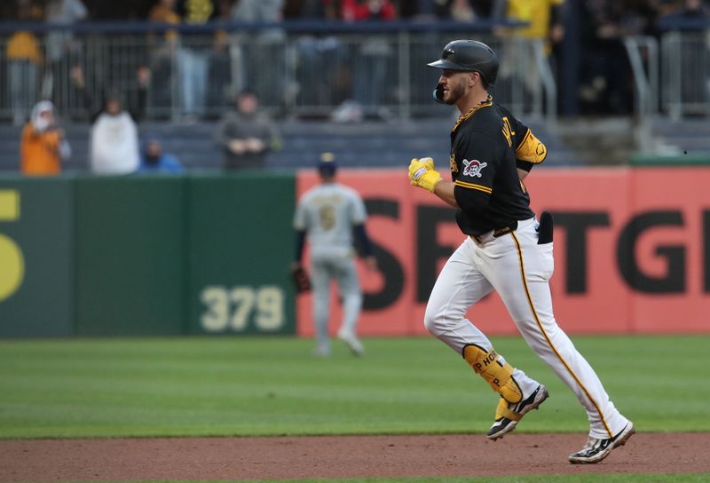 May 22, 2025; Pittsburgh, Pennsylvania, USA;  Pittsburgh Pirates first baseman Spencer Horwitz (2) circles the bases on a solo home run against the Milwaukee Brewers during the fourth inning at PNC Park. Mandatory Credit: Charles LeClaire-Imagn Images