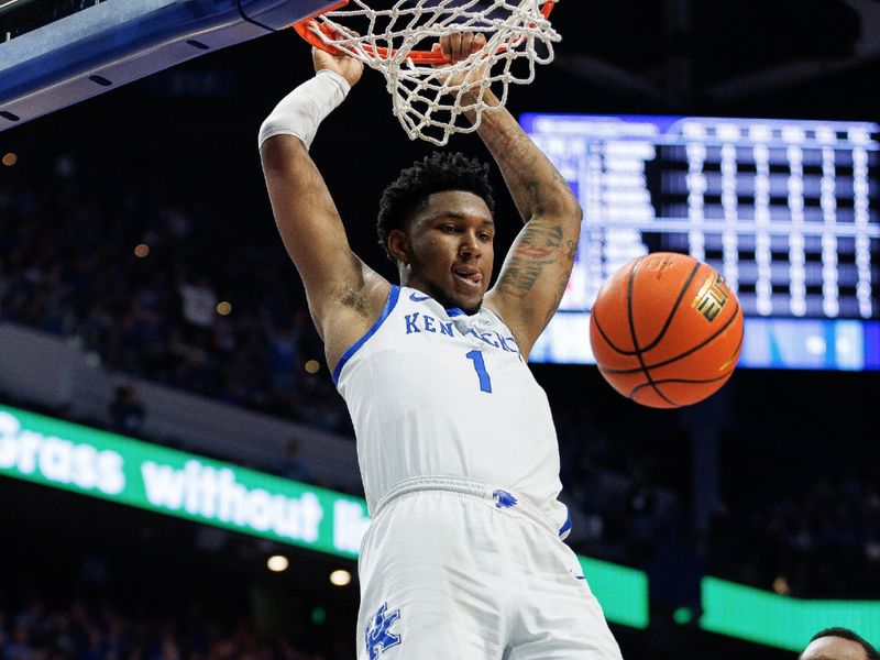 Feb 24, 2024; Lexington, Kentucky, USA; Kentucky Wildcats guard Justin Edwards (1) dunks the ball during the second half against the Alabama Crimson Tide at Rupp Arena at Central Bank Center. Mandatory Credit: Jordan Prather-USA TODAY Sports