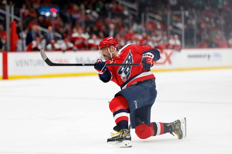 Jan 7, 2026; Washington, District of Columbia, USA; Washington Capitals left wing Alex Ovechkin (8) scores a goal against the Dallas Stars during the third period at Capital One Arena. Mandatory Credit: Geoff Burke-Imagn Images