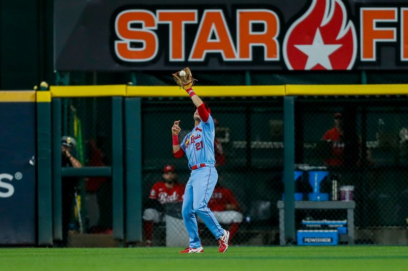 Sep 9, 2023; Cincinnati, Ohio, USA; St. Louis Cardinals center fielder Lars Nootbaar (21) catches a pop up hit by Cincinnati Reds second baseman Spencer Steer (not pictured) in the fifth inning at Great American Ball Park. Mandatory Credit: Katie Stratman-USA TODAY Sports