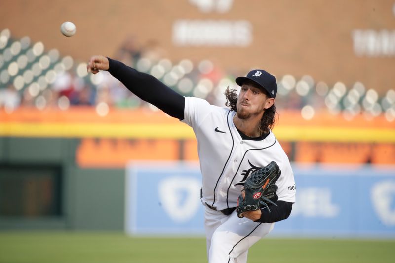 Jun 9, 2023; Detroit, Michigan, USA; Detroit Tigers starting pitcher Michael Lorenzen (21) pitches during the second inning of the game against the Arizona Diamondbacks at Comerica Park. Mandatory Credit: Brian Bradshaw Sevald-USA TODAY Sports