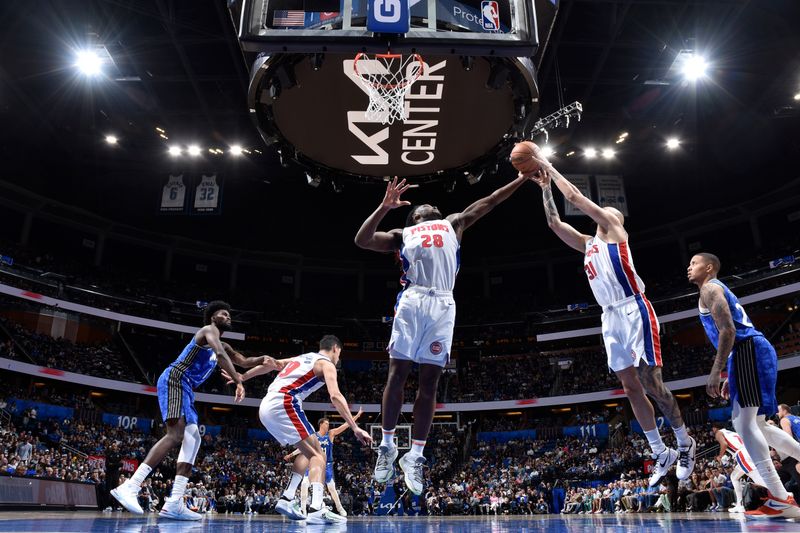 ORLANDO, FL - MARCH 3: Isaiah Stewart #28 of the Detroit Pistons goes up for the rebound during the game against the Orlando Magic on March 3, 2024 at the Kia Center in Orlando, Florida. NOTE TO USER: User expressly acknowledges and agrees that, by downloading and or using this photograph, User is consenting to the terms and conditions of the Getty Images License Agreement. Mandatory Copyright Notice: Copyright 2024 NBAE (Photo by Fernando Medina/NBAE via Getty Images)