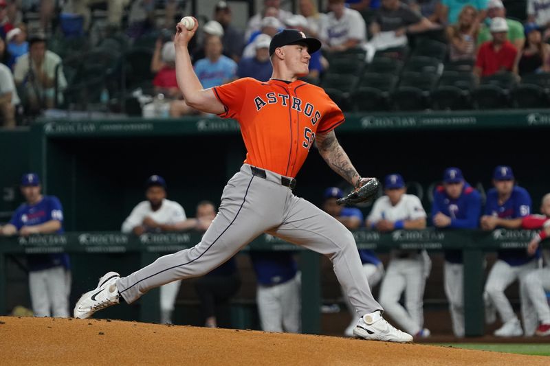 May 15, 2025; Arlington, Texas, USA; Houston Astros pitcher Hunter Brown (58) throws to the plate during the first inning against the Texas Rangers at Globe Life Field. Mandatory Credit: Raymond Carlin III-Imagn Images