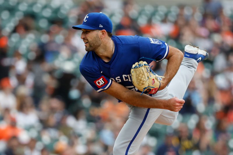 Apr 28, 2024; Detroit, Michigan, USA;  Kansas City Royals pitcher Michael Wacha (52) pitches in the fifth inning against the Detroit Tigers at Comerica Park. Mandatory Credit: Rick Osentoski-USA TODAY Sports