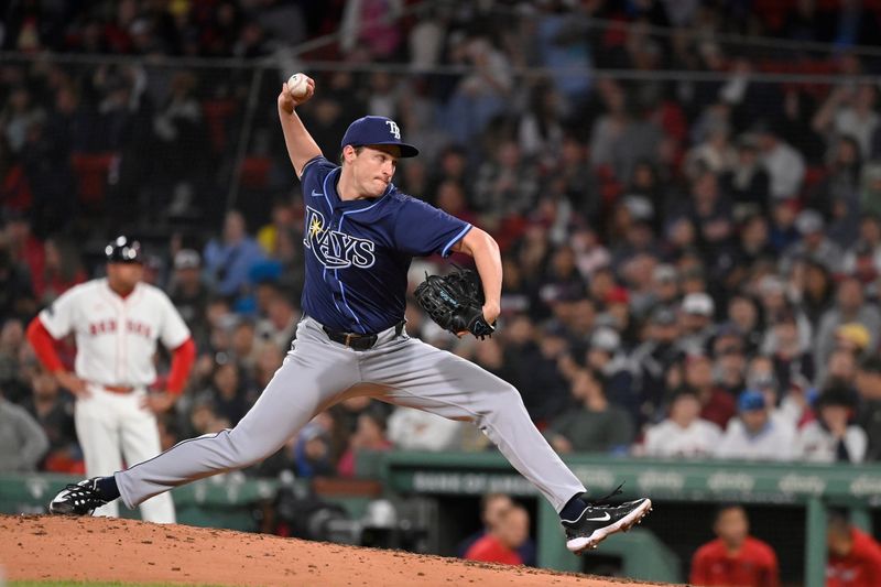 May 16, 2024; Boston, Massachusetts, USA;  Tampa Bay Rays pitcher Kevin Kelly (49) pitches against the Boston Red Sox  during the sixth inning at Fenway Park. Mandatory Credit: Eric Canha-USA TODAY Sports