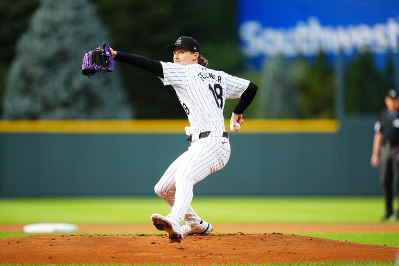 Aug 7, 2024; Denver, Colorado, USA; Colorado Rockies starting pitcher Ryan Feltner (18) delivers a pitch in the first inning against the New York Mets at Coors Field. Mandatory Credit: Ron Chenoy-USA TODAY Sports