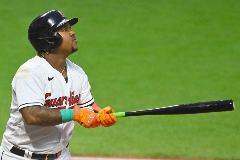 Jun 8, 2023; Cleveland, Ohio, USA; Cleveland Guardians third baseman Jose Ramirez (11) watches his solo home run in the sixth inning against the Boston Red Sox at Progressive Field. Mandatory Credit: David Richard-USA TODAY Sports