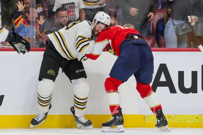 Nov 22, 2023; Sunrise, Florida, USA; Boston Bruins defenseman Derek Forbort (28) and Florida Panthers left wing Jonah Gadjovich (12) fight during the second period at Amerant Bank Arena. Mandatory Credit: Sam Navarro-USA TODAY Sports