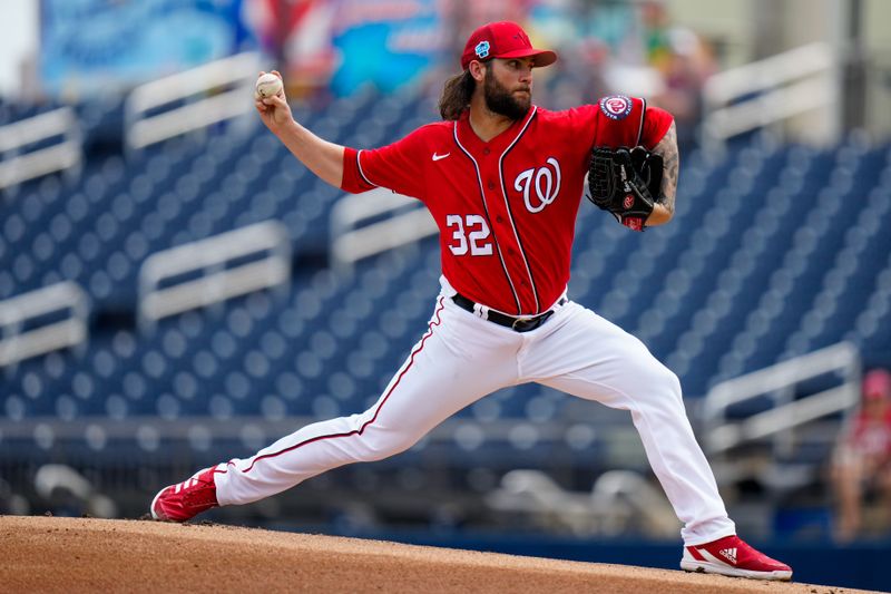 Mar 13, 2023; West Palm Beach, Florida, USA; Washington Nationals relief pitcher Trevor Williams (32) throws a pitch against the Houston Astros during the first inning at The Ballpark of the Palm Beaches. Mandatory Credit: Rich Storry-USA TODAY Sports