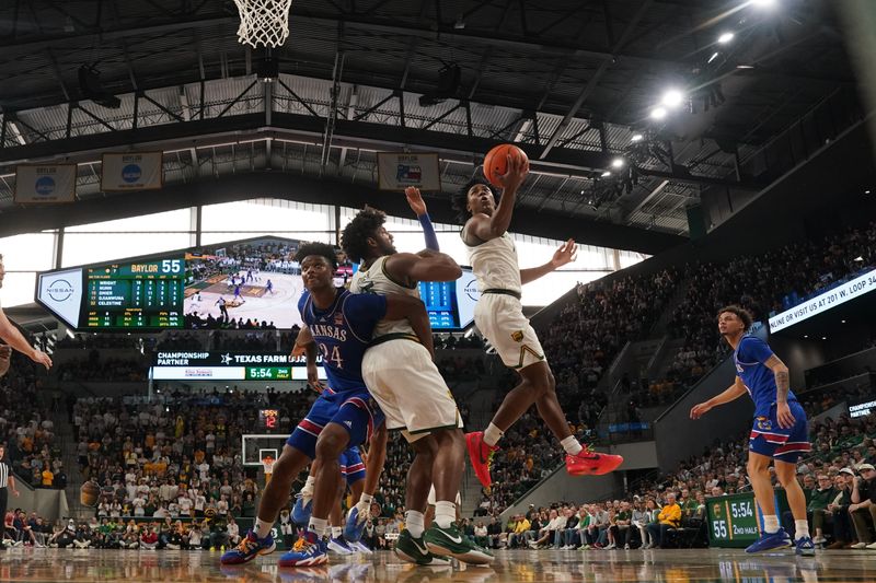 Feb 1, 2025; Waco, Texas, USA;  Baylor Bears guard Robert Wright III (1) scores a basket against the Baylor Bears during the second half at Paul and Alejandra Foster Pavilion. Mandatory Credit: Chris Jones-Imagn Images