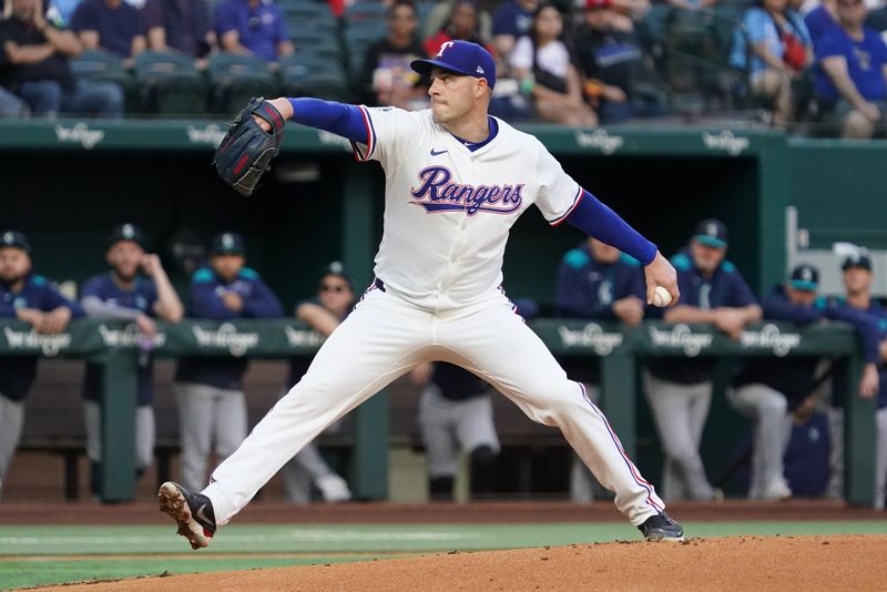 May 3, 2025; Arlington, Texas, USA; Texas Rangers pitcher Patrick Corbin (46) throws to the plate during the first inning against the Seattle Mariners at Globe Life Field. Mandatory Credit: Raymond Carlin III-Imagn Images