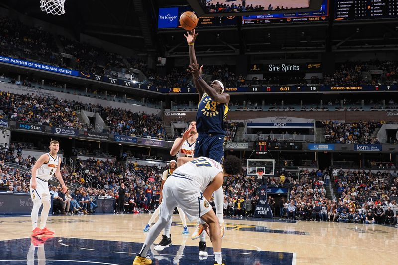 INDIANAPOLIS, IN - FEBRUARY 24:  Pascal Siakam #43 of the Indiana Pacers drives to the basket during the game against the Denver Nuggets  on February 24, 2025 at Gainbridge Fieldhouse in Indianapolis, Indiana. NOTE TO USER: User expressly acknowledges and agrees that, by downloading and or using this Photograph, user is consenting to the terms and conditions of the Getty Images License Agreement. Mandatory Copyright Notice: Copyright 2025 NBAE (Photo by Ron Hoskins/NBAE via Getty Images)