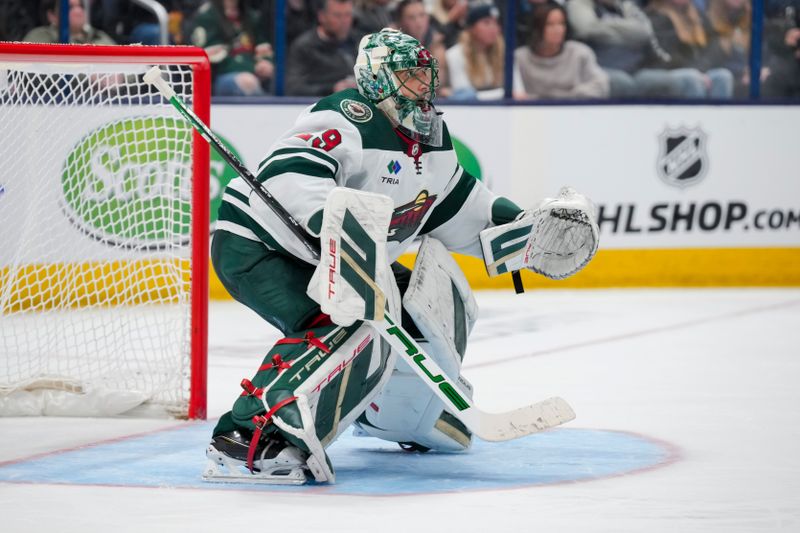 Jan 6, 2024; Columbus, Ohio, USA;  Minnesota Wild goaltender Marc-Andre Fleury (29) defends the net against the Columbus Blue Jackets in the third period at Nationwide Arena. Mandatory Credit: Aaron Doster-USA TODAY Sports