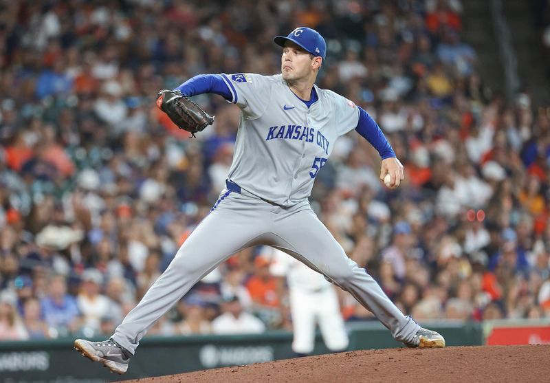 Aug 31, 2024; Houston, Texas, USA; Kansas City Royals starting pitcher Cole Ragans (55) delivers a pitch during the first inning against the Houston Astros at Minute Maid Park. Mandatory Credit: Troy Taormina-USA TODAY Sports