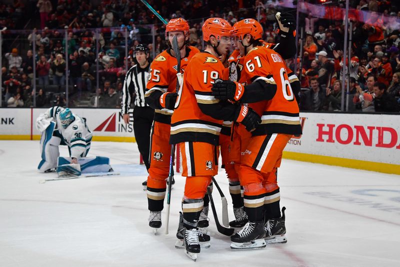 Dec 29, 2025; Anaheim, California, USA; Anaheim Ducks celebrate the goal scored by left wing Cutter Gauthier (61) against the San Jose Sharks during the second period at Honda Center. Mandatory Credit: Gary A. Vasquez-Imagn Images