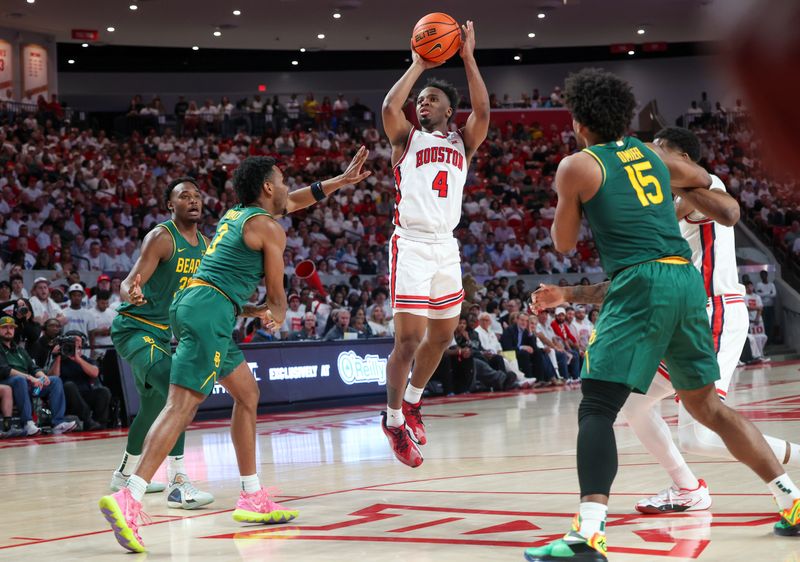 Feb 10, 2025; Houston, Texas, USA;  Houston Cougars guard L.J. Cryer (4) shoots against Baylor Bears guard Jeremy Roach (3) in the first half at Fertitta Center. Mandatory Credit: Thomas Shea-Imagn Images