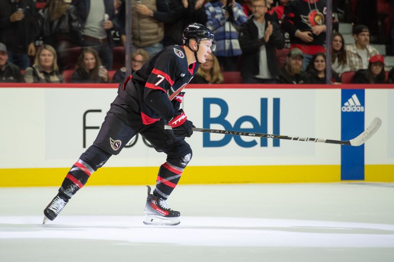 Nov 4, 2023; Ottawa, Ontario, CAN; Ottawa Senators left wing Brady Tkachuk (7) skates to the bench after scoring  in the first period against the Tampa Bay Lightning at the Canadian Tire Centre. Mandatory Credit: Marc DesRosiers-USA TODAY Sports