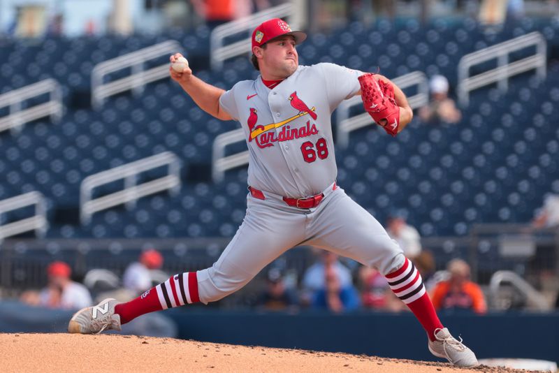 Feb 22, 2026; West Palm Beach, Florida, USA; St. Louis Cardinals relief pitcher Max Rajcic (68) delivers a pitch against the Houston Astros during the fourth inning at CACTI Park of the Palm Beaches. Mandatory Credit: Sam Navarro-Imagn Images