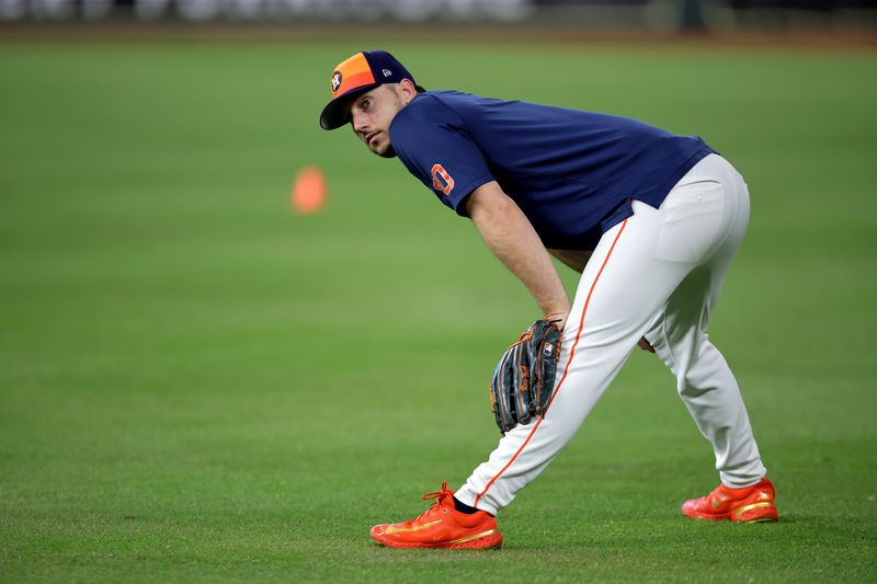 Sep 12, 2024; Houston, Texas, USA; Houston Astros right fielder Kyle Tucker (30) warms up prior to the game against the Oakland Athletics at Minute Maid Park. Mandatory Credit: Erik Williams-Imagn Images