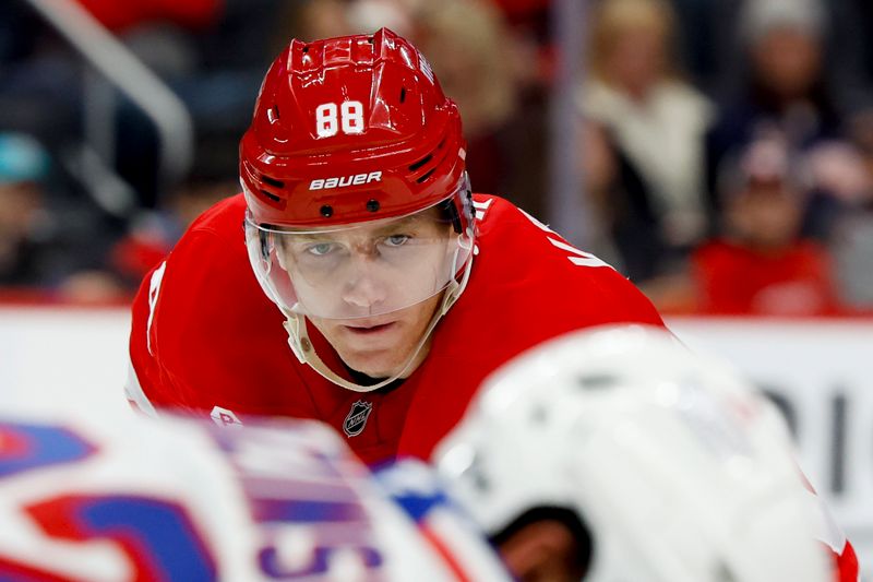 Oct 17, 2024; Detroit, Michigan, USA;  Detroit Red Wings right wing Patrick Kane (88) gets set during face off in the second period against the New York Rangers at Little Caesars Arena. Mandatory Credit: Rick Osentoski-Imagn Images