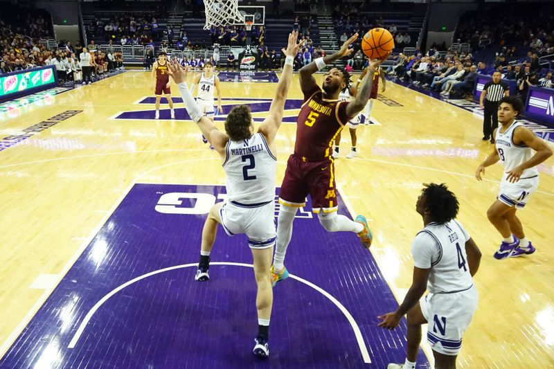 Jan 3, 2026; Evanston, Illinois, USA; Minnesota Golden Gophers forward Jaylen Crocker-Johnson (5) shoots the ball over Northwestern Wildcats forward Nick Martinelli (2) during the first half at Welsh-Ryan Arena. Mandatory Credit: David Banks-Imagn Images
