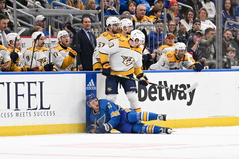 Feb 17, 2024; St. Louis, Missouri, USA; St. Louis Blues right wing Alexey Toropchenko (13) is checked by Nashville Predators center Yakov Trenin (13) during the first period at Enterprise Center. Mandatory Credit: Jeff Le-USA TODAY Sports