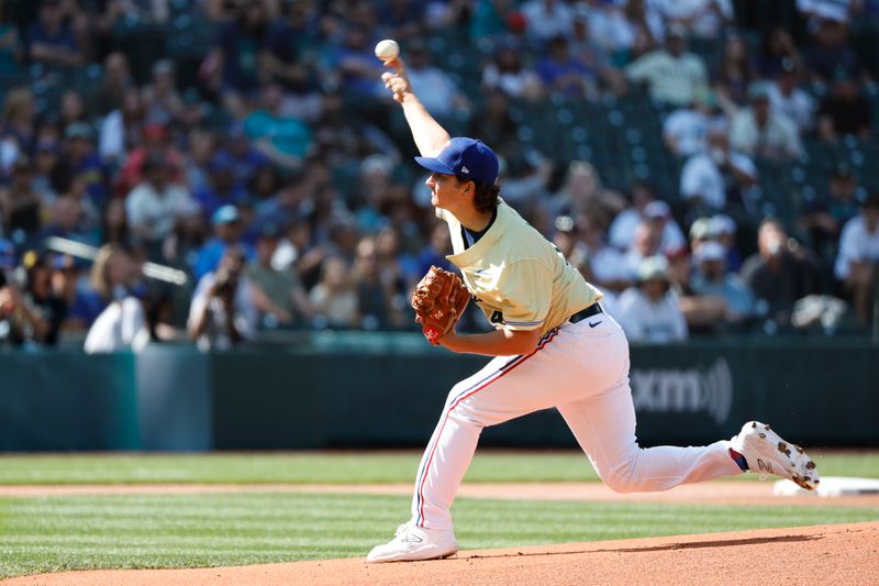 Jul 8, 2023; Seattle, Washington, USA; American League Futures starting pitcher Owen White (14) of the Texas Rangers throws during the first inning of the All Star-Futures Game at T-Mobile Park. Mandatory Credit: Joe Nicholson-USA TODAY Sports