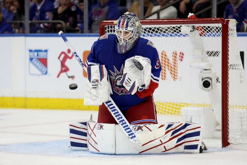 Nov 3, 2022; New York, New York, USA; New York Rangers goaltender Igor Shesterkin (31) makes a save against the Boston Bruins during the second period at Madison Square Garden. Mandatory Credit: Brad Penner-USA TODAY Sports