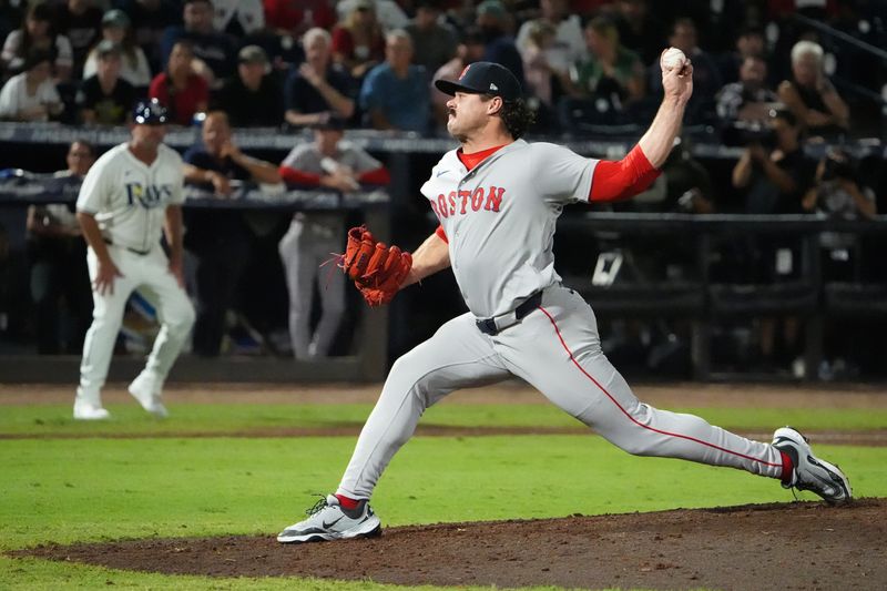 Sep 21, 2025; Tampa, Florida, USA; Boston Red Sox relief pitcher Payton Tolle (70) throws a pitch against the Tampa Bay Rays during the eighth inning at George M. Steinbrenner Field. Mandatory Credit: Dave Nelson-Imagn Images