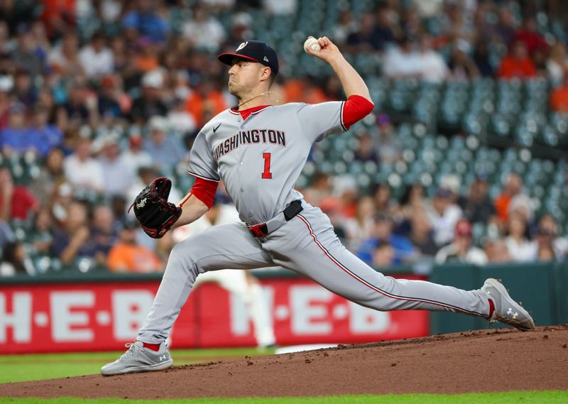 Jul 30, 2025; Houston, Texas, USA; Washington Nationals starting pitcher MacKenzie Gore (1) pitches against the Houston Astros in the first inning at Daikin Park. Mandatory Credit: Thomas Shea-Imagn Images