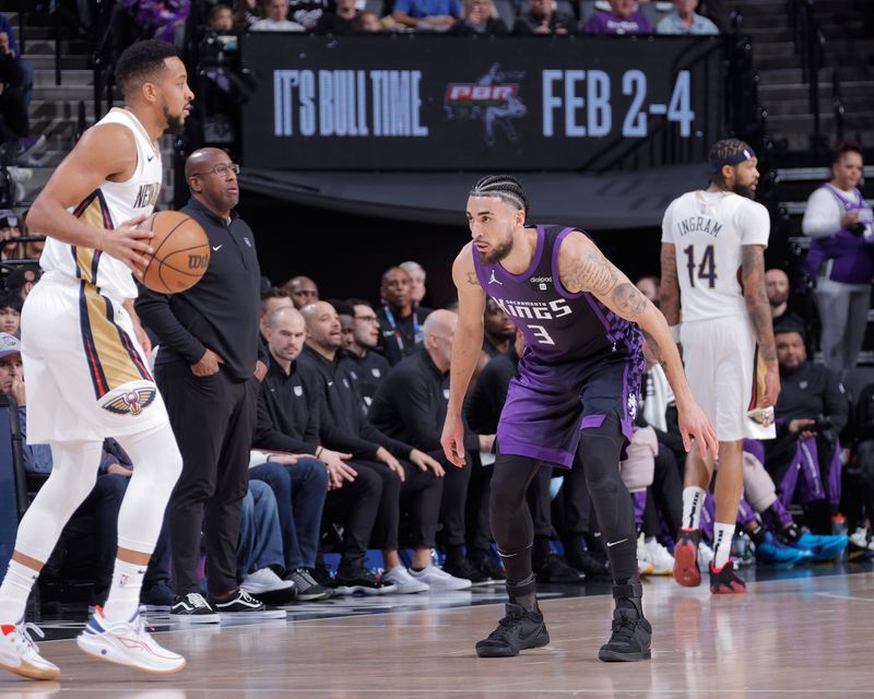 SACRAMENTO, CA - JANUARY 7:  Chris Duarte #3 of the Sacramento Kings plays defense during the game  against CJ McCollum #3 of the New Orleans Pelicans on January 7, 2024 at Golden 1 Center in Sacramento, California. NOTE TO USER: User expressly acknowledges and agrees that, by downloading and or using this Photograph, user is consenting to the terms and conditions of the Getty Images License Agreement. Mandatory Copyright Notice: Copyright 2024 NBAE (Photo by Rocky Widner/NBAE via Getty Images)