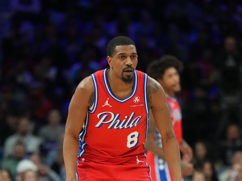 PHILADELPHIA, PA - FEBRUARY 23: De'Anthony Melton #8 of the Philadelphia 76ers looks on during the game against the Cleveland Cavaliers on February 23, 2024 at the Wells Fargo Center in Philadelphia, Pennsylvania NOTE TO USER: User expressly acknowledges and agrees that, by downloading and/or using this Photograph, user is consenting to the terms and conditions of the Getty Images License Agreement. Mandatory Copyright Notice: Copyright 2024 NBAE (Photo by Jesse D. Garrabrant/NBAE via Getty Images)