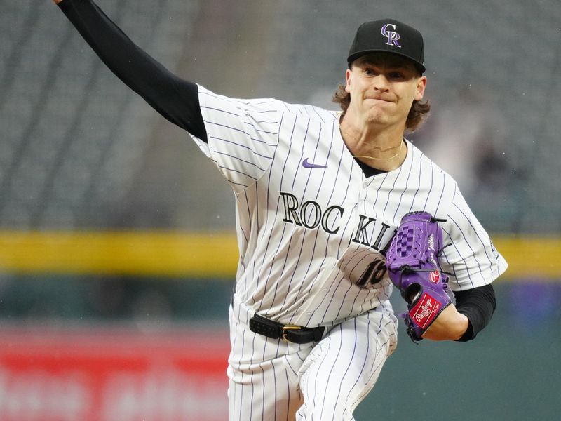 Apr 23, 2024; Denver, Colorado, USA; Colorado Rockies pitcher Ryan Feltner (18) delivers a pitch in the first inning against the San Diego Padres at Coors Field. Mandatory Credit: Ron Chenoy-USA TODAY Sports