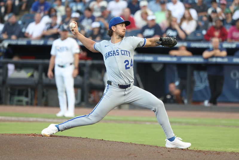 Apr 29, 2025; St. Petersburg, Florida, USA;  Kansas City Royals starting pitcher Michael Lorenzen (24) throws a pitch against the Tampa Bay Rays during the first inning at George M. Steinbrenner Field. Mandatory Credit: Kim Klement Neitzel-Imagn Images