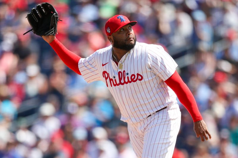 Mar 14, 2024; Clearwater, Florida, USA;  Philadelphia Phillies relief pitcher Jose Alvarado (46) throws a pitch against the Boston Red Sox in the fifth inning at BayCare Ballpark. Mandatory Credit: Nathan Ray Seebeck-USA TODAY Sports