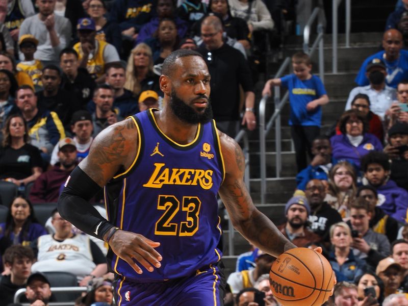 INDIANAPOLIS, IN - MARCH 29:  LeBron James #23 of the Los Angeles Lakers handles the ball during the game against the Indiana Pacers on March 29, 2024 at Gainbridge Fieldhouse in Indianapolis, Indiana. NOTE TO USER: User expressly acknowledges and agrees that, by downloading and or using this Photograph, user is consenting to the terms and conditions of the Getty Images License Agreement. Mandatory Copyright Notice: Copyright 2024 NBAE (Photo by Ron Hoskins/NBAE via Getty Images)