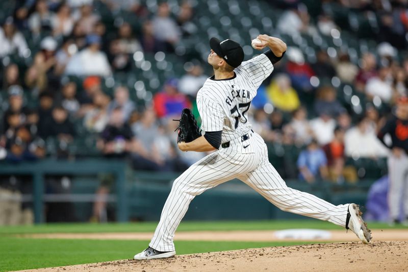 May 24, 2024; Chicago, Illinois, USA; Chicago White Sox starting pitcher Chris Flexen (77) delivers a pitch against the Baltimore Orioles during the third inning at Guaranteed Rate Field. Mandatory Credit: Kamil Krzaczynski-USA TODAY Sports