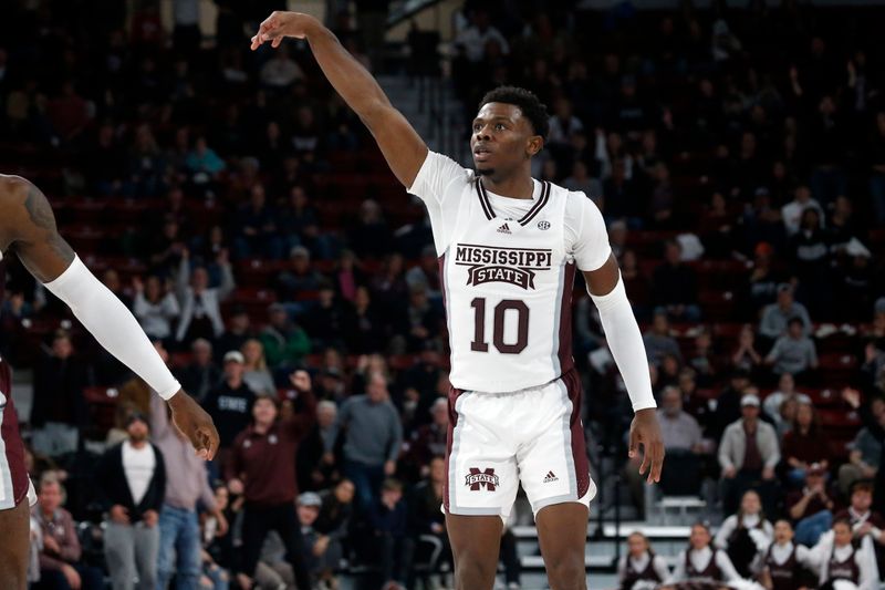 Jan 21, 2023; Starkville, Mississippi, USA; Mississippi State Bulldogs guard Dashawn Davis (10) shoots a three pointer during the second half against the Florida Gators at Humphrey Coliseum. Mandatory Credit: Petre Thomas-USA TODAY Sports